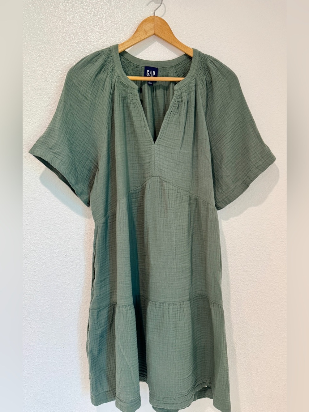 GAP Sage Green Cotton Gauze Earthy Minimalist Smocked Tiered Mini Dress L